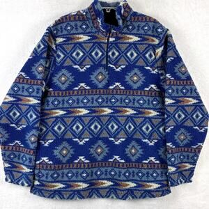 Wrangler Fleece 1/4 Zip Pullover Sweater Mens L Blue Aztec Tribal Southwestern